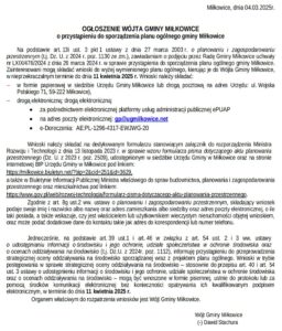 Plan Ogólny gminy Miłkowice. Pierwsze ogłoszenie. Wypełniamy formularz.