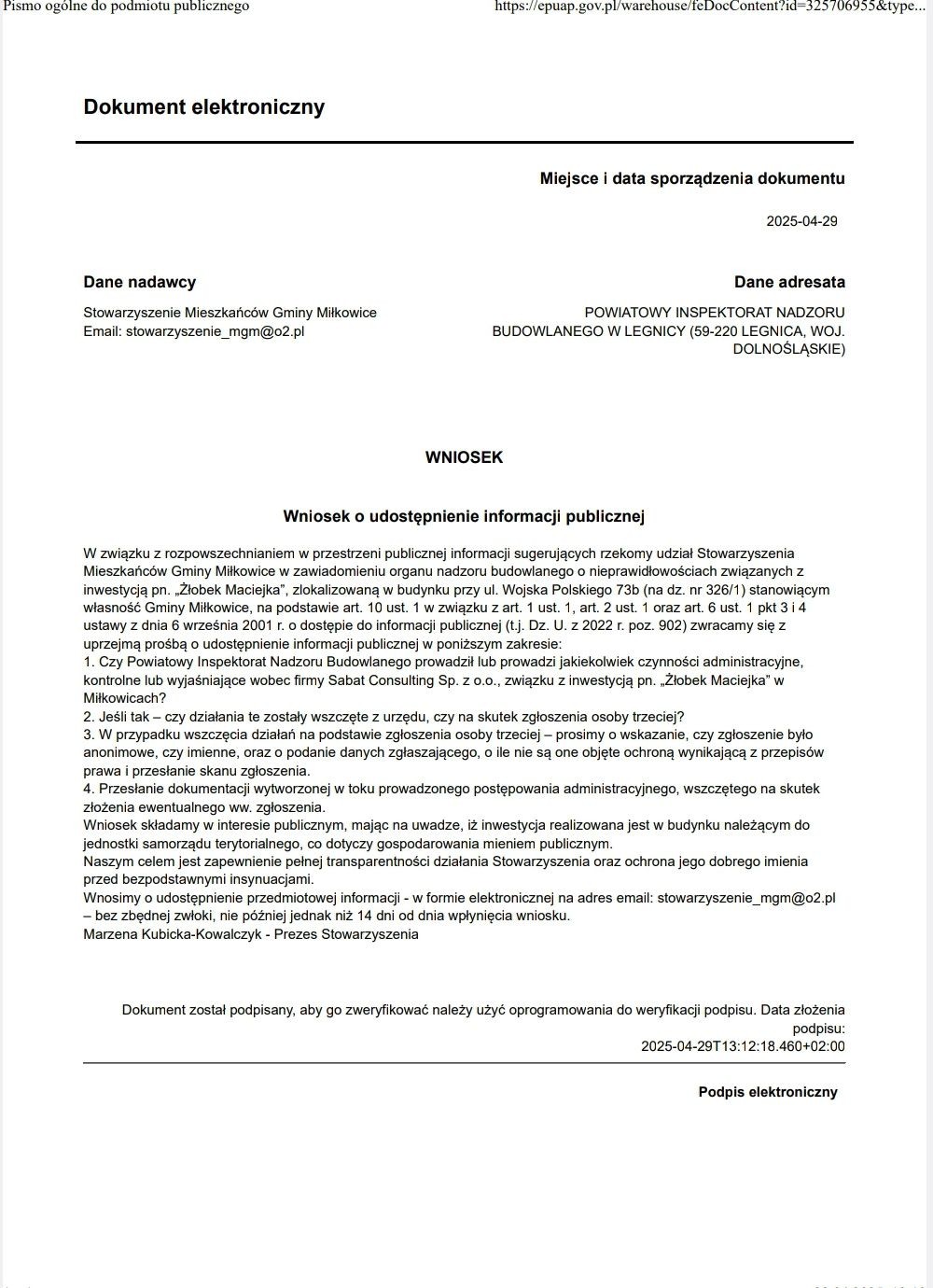 Oświadczenie Stowarzyszenia Mieszkańców Gminy Miłkowice
